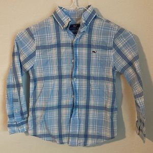 Vineyard, vines, light blue plaid button down shirt